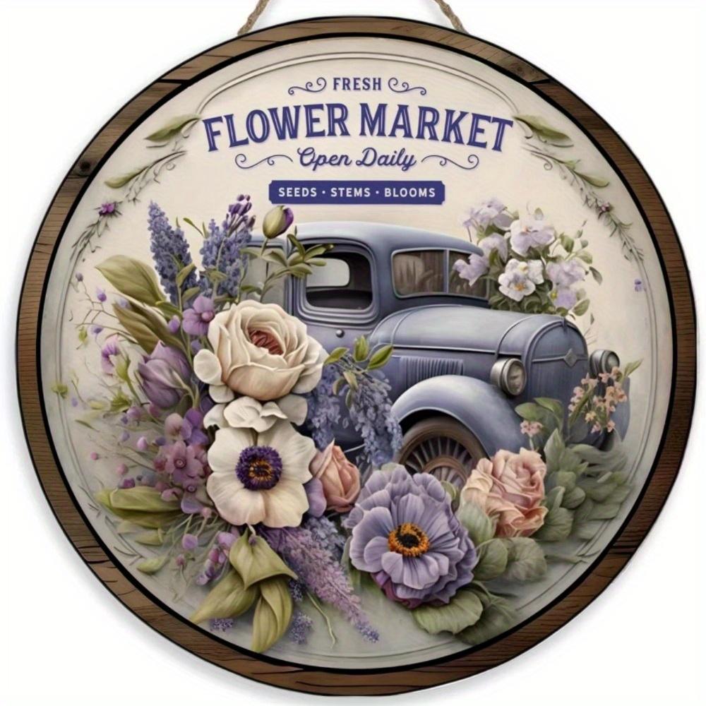 1pc 2d Flat Retro Round Wooden Sign Flower Market Flower Truck, Novel and Interesting Garage Bar Kitchen Home Family Friend Gift Wooden Sign- 20cm