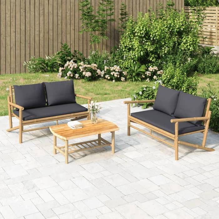 VidaXL Salon de jardin 2 pcs avec coussins gris foncé bambou, ensemble de salon de jardin, salons de patio, siège de jardin, 363465