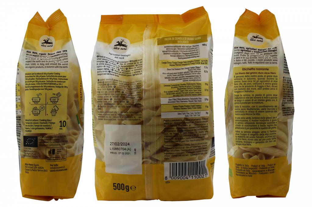 Bio těstoviny Penne trubičky z krupice Alce Nero 500 g
