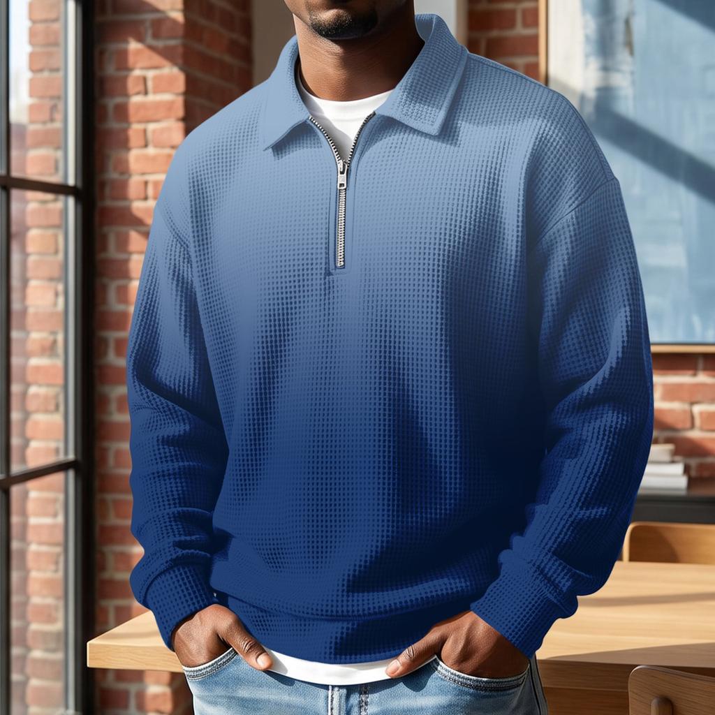 Men's Retro Half-Zip Collared Long Sleeve Gradient Print Casual Pullover Top for Everyday Wear