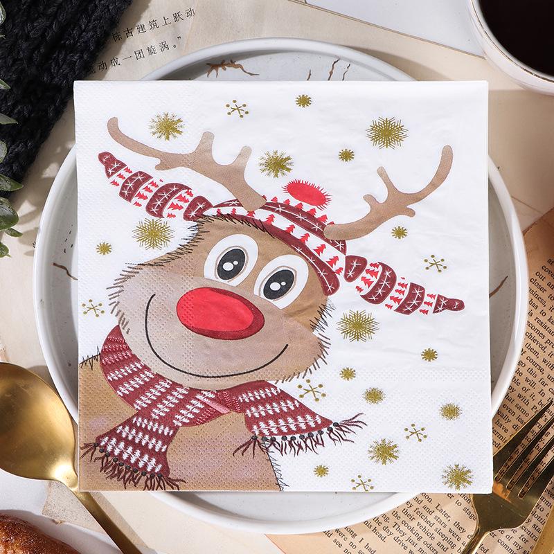 Christmas Reindeer Snowflake Square Paper Napkins - Food Grade Soy Ink, Disposable