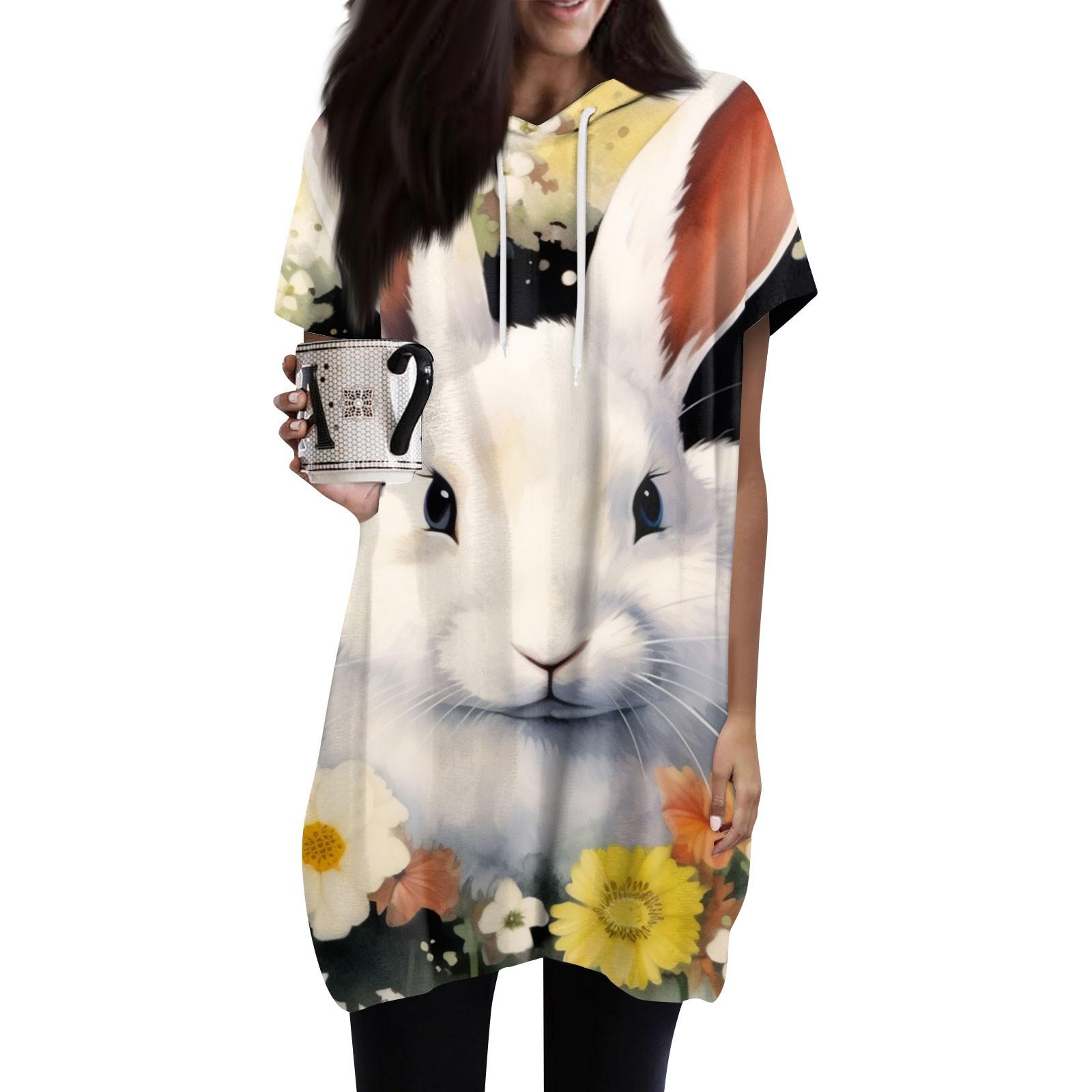 

Женская мода повседневный пасхальный принт с капюшоном и карманами с короткими рукавами XL белый