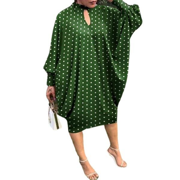 European Beautiful Women's Long-sleeved Holiday Party Dress Casual Loose Polka Dot Print Medium and Long Dress