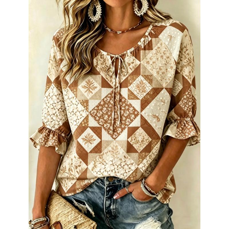 Women's Spring Summer Casual Blouse, Green Succulent Patchwork Print Tops for Daily Street Holiday Dating Leisure Outfit