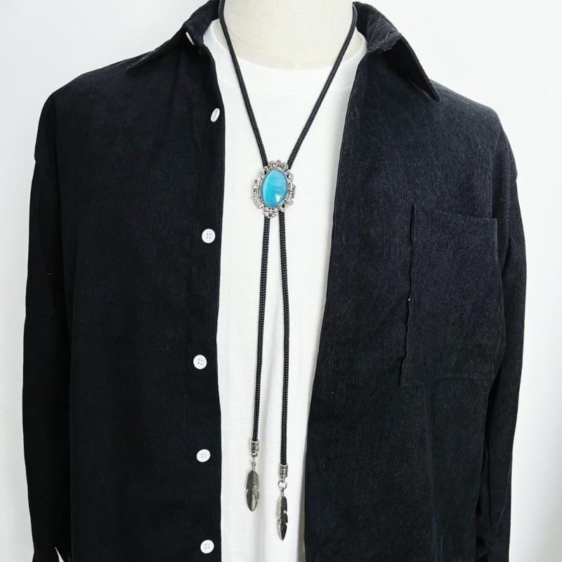 Men Women Handmade Vintage Bolo Tie Western Cowboy Braided Rope Necktie with Antique Stone Feathered Pendant Necklace