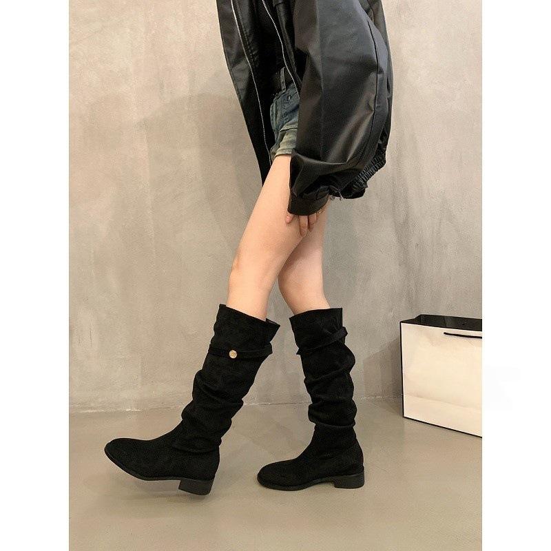 French Thick Heel Apricot Suede Piled Boots Women'S Shoes Spring And Autumn Winter Versatile Thin Long Boots