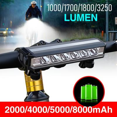 Luz Frontal de Bicicleta Súper Brillante 1800LM Lámpara LED de Alta Potencia con 5 Modos de Iluminación Batería Grande Integrada para Bicicleta de Montaña Carretera