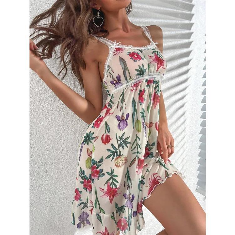Floral Print Sleepwear Mesh Ruffle Hem Cami Nightdress Bride Nightwear Babydoll Vintage Sleep Dress