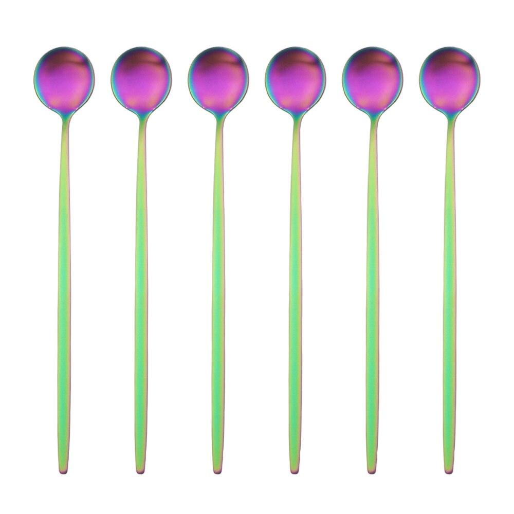 Juego de cucharas con mango largo dorado de 6 uds., juego de cubiertos de acero inoxidable mate, bebida agitadora pulida, helado, postre, cuchara para té, vajilla