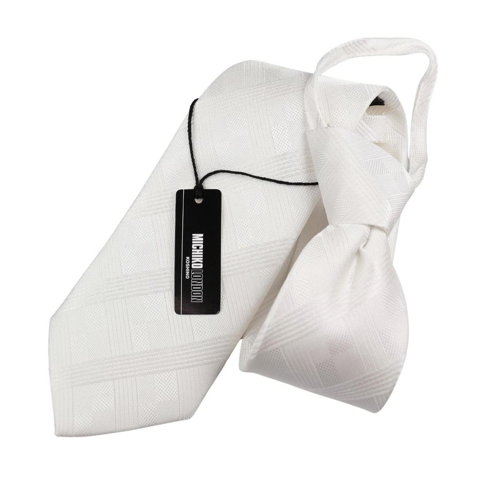 [Michiko London] One-touch Tie, Brand Name, Striped Silk, Zipper Tie, No Tying Required, Easy To Wear, White, 8cm Wide, MKZP-01-W8, Gift, Stylish.
