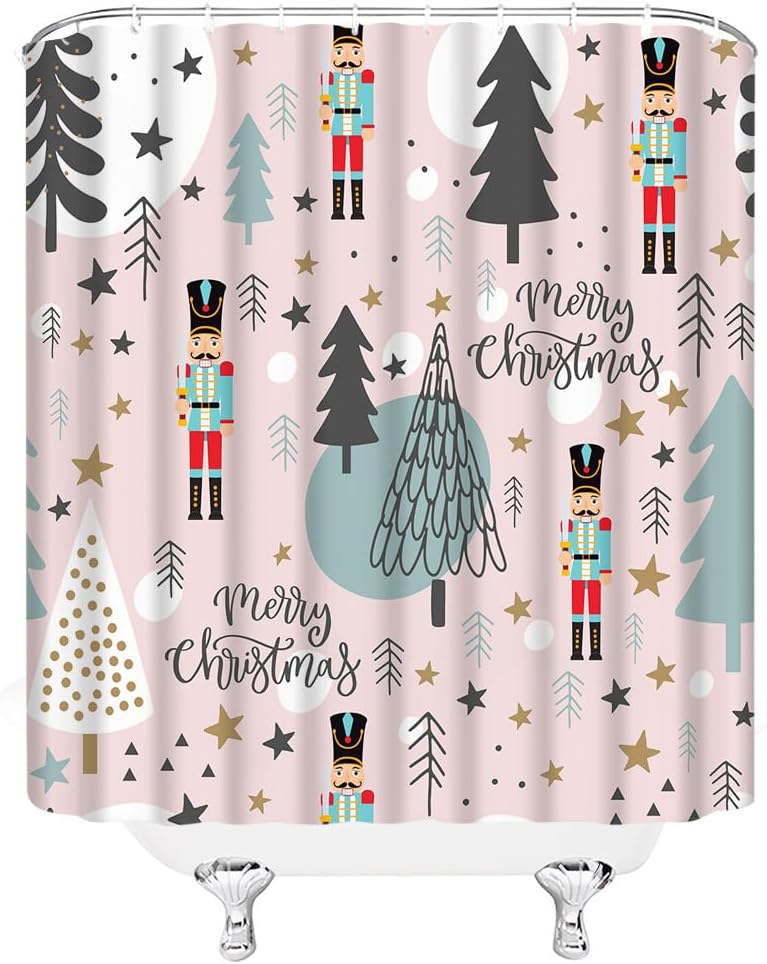 Funny Nutcracker Cartoon Christmas Shower Curtain with Gray White Tree Stars Pink Pattern,  Holiday Bathroom Decor for Winter