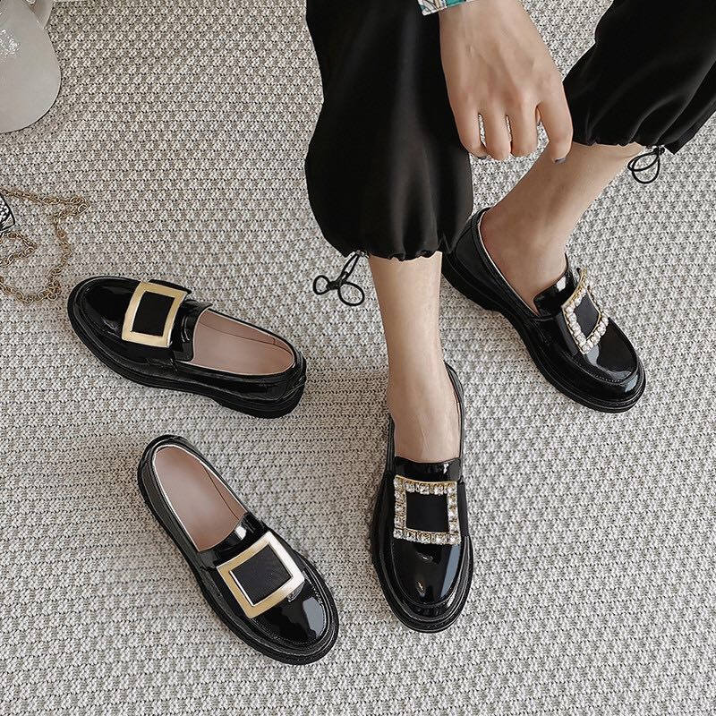 Fashion Famous  Crystal Square Buckle Flats Women Japanned Leather Brogue Shoes British Oxford Creepers Derby Shoes Woman Loafers