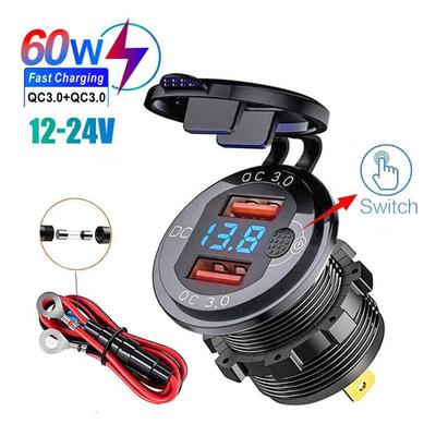 12V/24V Dual USB QC3.0 Outlet Car Charger USB Lighter Socket Waterproof With LED Voltmeter ON/Off Switch Quick Charge Adapter Car Accessories
