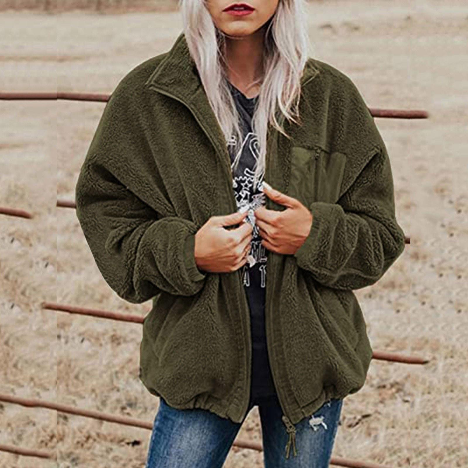 

Модный повседневный женский твердый карман на молнии с длинными рукавами, плюшевый свободный теплый кардиган, пальто M зелёный