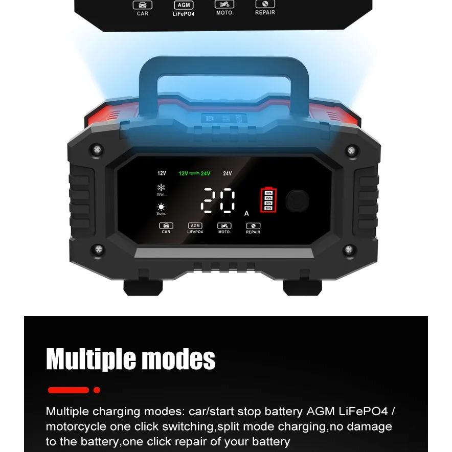 מטען מצברים אוטומטי מלא 12V/24V 20A/10A 7-סגמנטי חכם למצבר רכב תיקון פולסים לטעינת מצברי עופרת חומצית רטובים ג'ל AGM