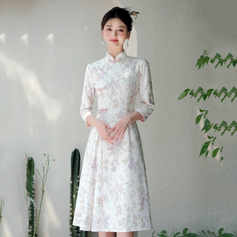 Thick Knit Style Long Sleeve Dress Women Vintage Chinese-Inspired Semi-High Neck Midi Winter