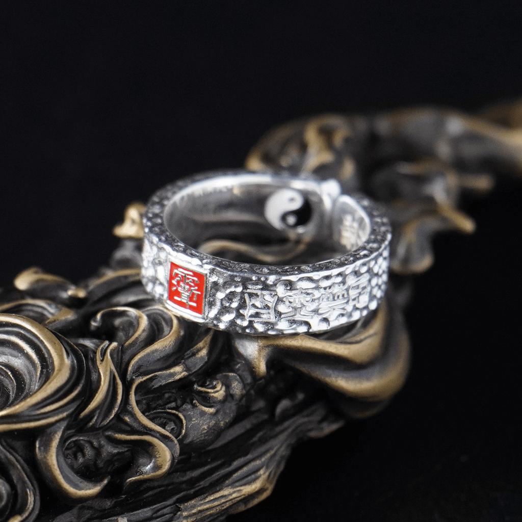 Taoist Ziwei Taboo Tianshi Mansion Ring, Rain and Ear Carving Retro and Old Ethnic Style Open Tail Ring
