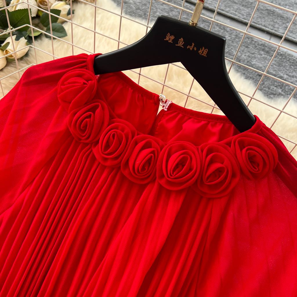 Spring Autumn Woman Dress New Flower Round Ne Seven-Quarter Sleeve Waist-Cinching Pleated Dresses for  Women Slimming Gown