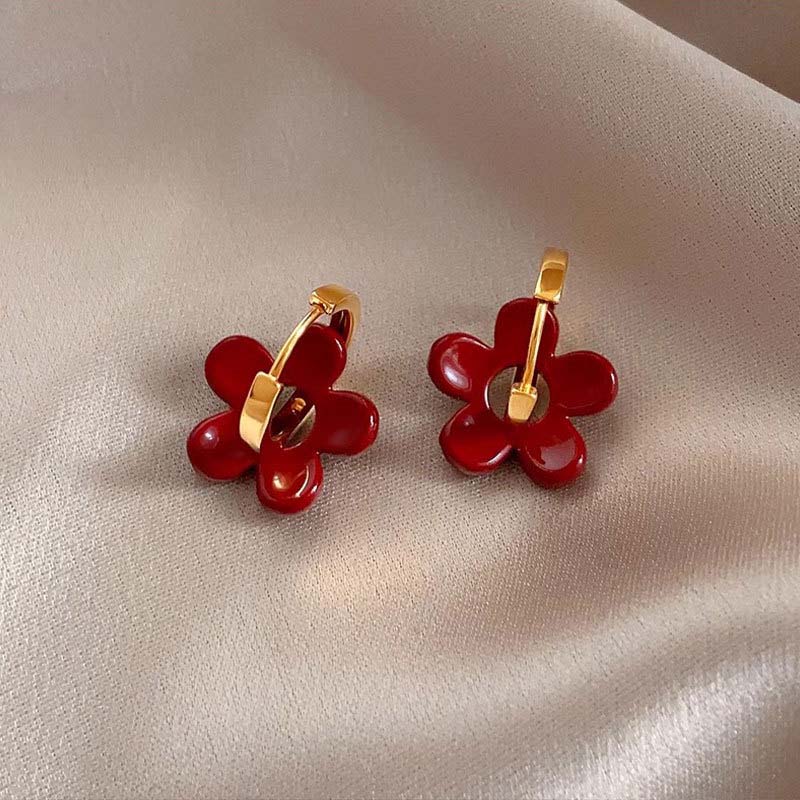Vintage Red Glazed Flower Hoop Earrings for Women Girls 2024 New Trendy Design Petal Temperament Earrings Zircon