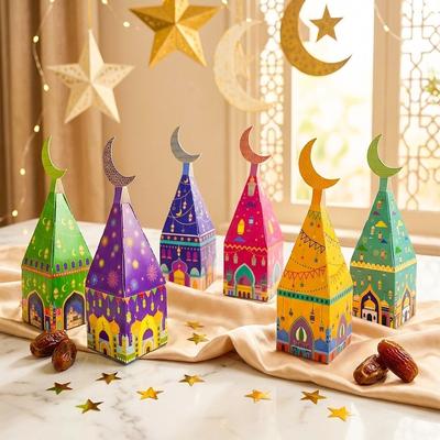 12Pcs Paper Eid Mubarak Gift Box Moon Castle Pattern Favor Bags Ramadan Kareem Box Decoration Surprise Gift Treat Box