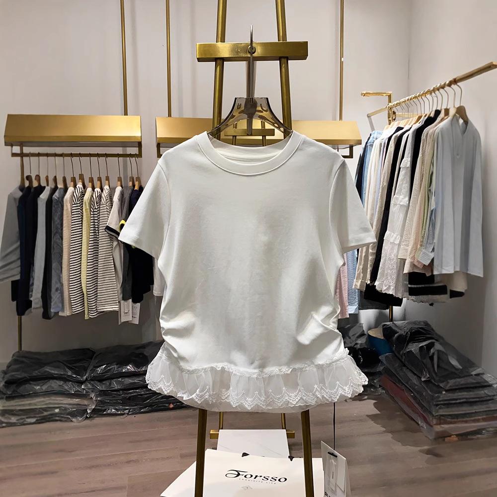Women's Summer Lace Lace Hem Patchwork Short Sleeved Round Neck T-shirt Korean Sweet Slim Fit Pleated Design Top