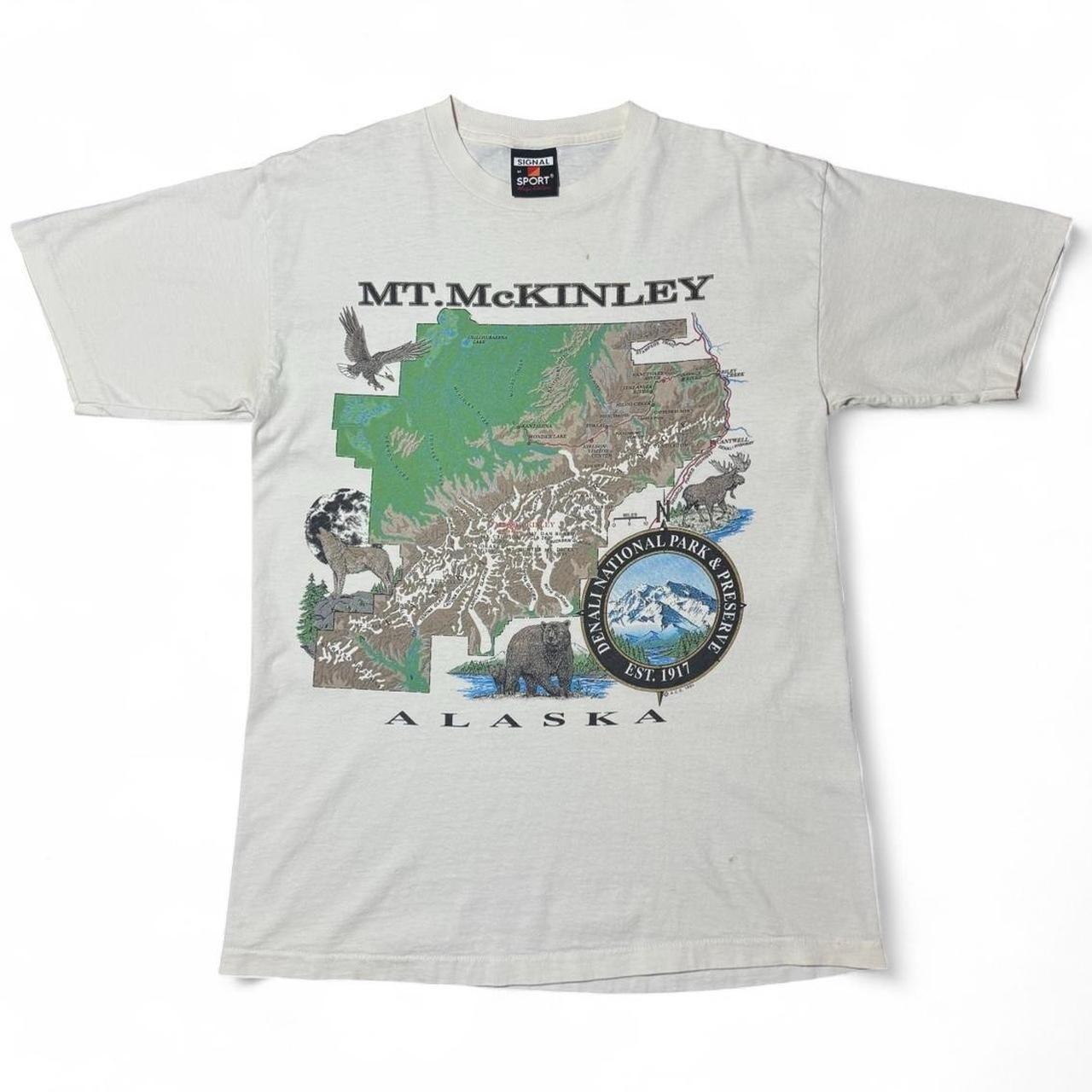 Vintage 90s Mt. McKinley Alaska Wildlife Nature Animal Map Outdoors T-Shirt MED M