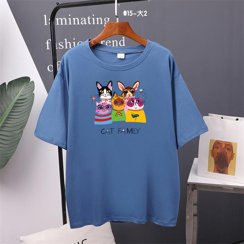 Cat Family Printed Cotton Cartoon T Shirts Women Summer Harajuku Kawaii Loose Tees for Girl Short Sleeve Casual Female Tops