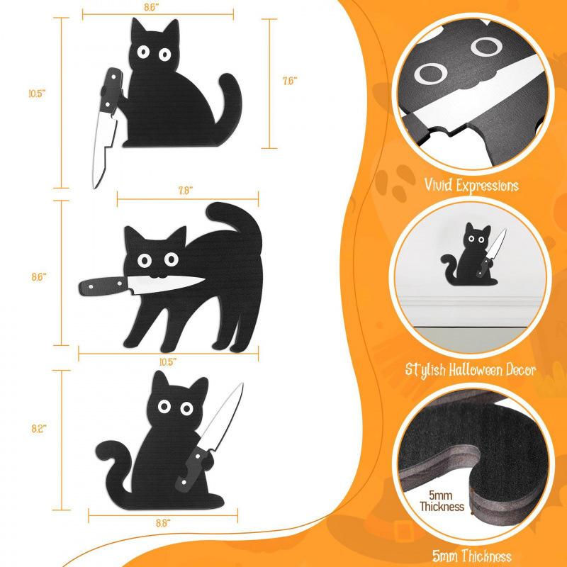 Beliebtes Schwarze Katze Halloween Wanddekoration 3-teiliges Set Mit Messer Holzhandwerk Anhänger für Kätzchen