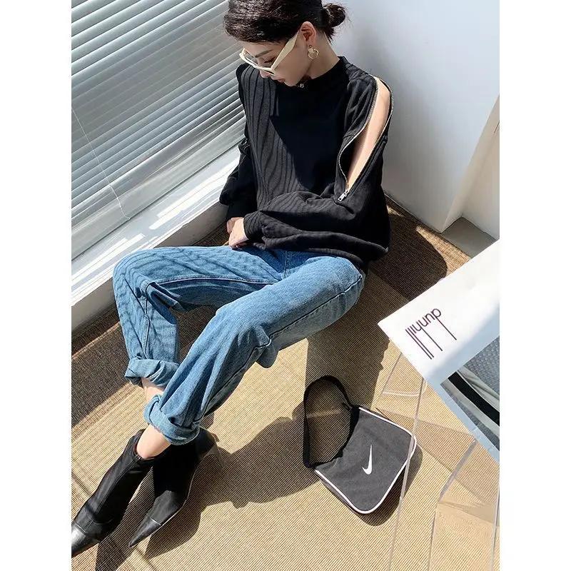 Design Zipper Off-shoulder Long Sleeve Round Neck Loose Top Women's Sweatshirt 2025 New Women's Korean Fashion