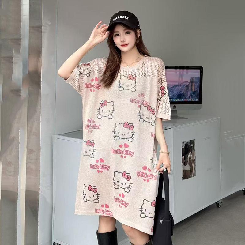 

Ice Silk Cartoon Print Short Sleeve Mid-Length Knitted Summer Dress One Size (42.5-85 kg)