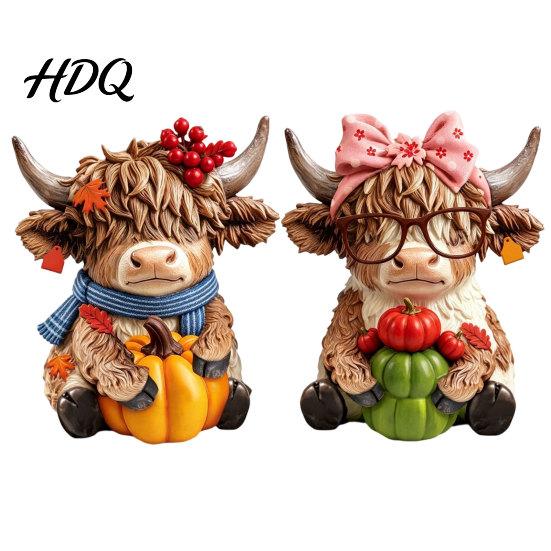 Country Home Ornament 2PCS Highland Cow Ornament Wooden Rustic Style Figurine Thanksgiving