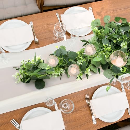 AIMEKE 2 Pack Artificial Eucalyptus Garland 6 Ft Faux Greenery Vines Weatherproof White Flowers for Wedding Garden Indoor Outdoor Decor