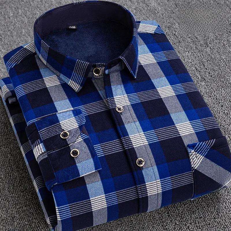 Korean Style Men's Warm Fleece Lined Thick Long Sleeve Plaid Casual Slim Fit Shirt Fashionable Winter Clothing