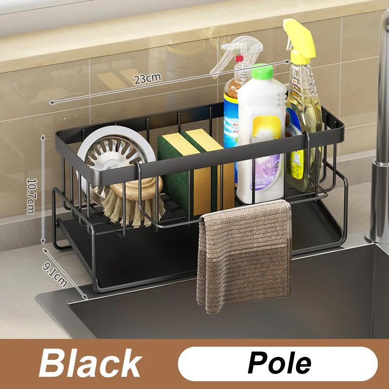 Bathroom Sink Storage Rack Metal Drain Rack with Cutlery Container Dishwashing Sponge Holder Kitchen Countertop Storage Shelf