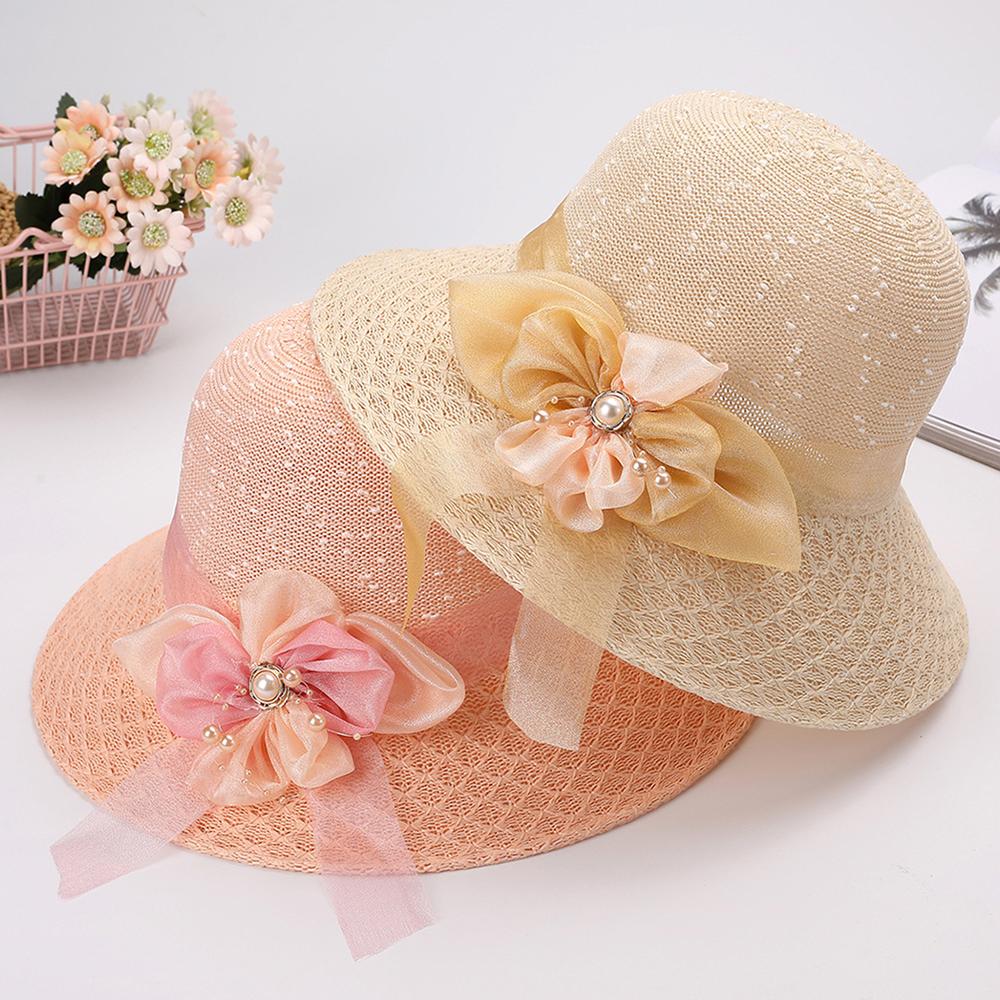 Big Bow Flowers Women Straw Hat Sunscreen Bucket Hat Summer Casual Wide Brim Sun Cap Beach Hat Outdoor Fashion Elegant Foldable