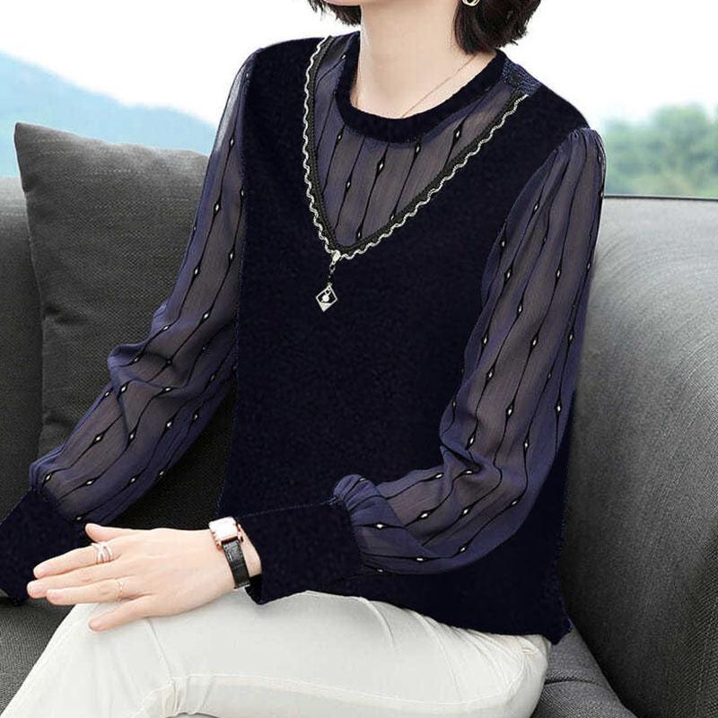 Ny høst-vårstil chiffonskjorte Elegant bluse med rund krage for kvinner Langermet topp genser