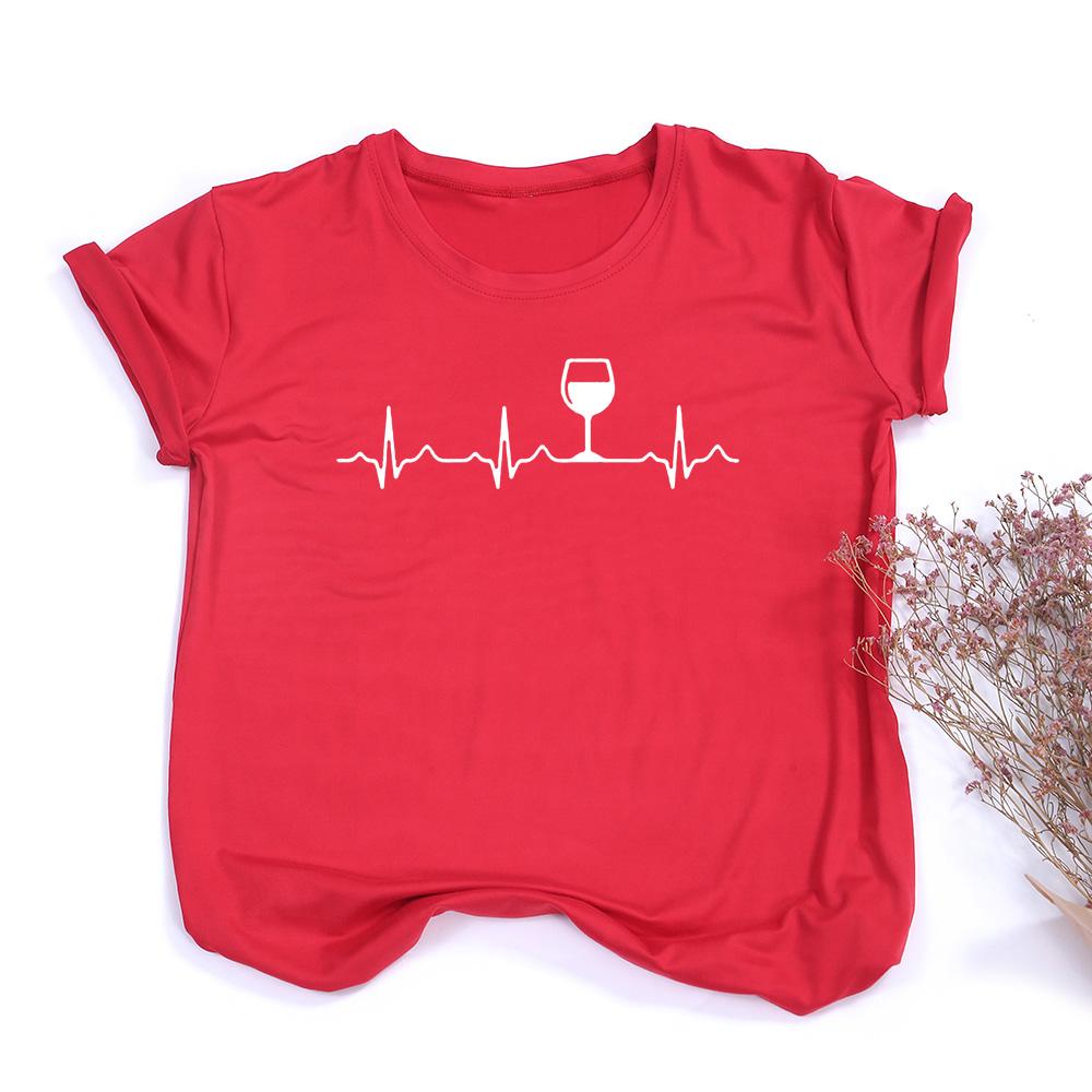 Wine Heartbeat Print T Shirt Women Short Sleeve Round Neck Summer Female Funny Tee Tops