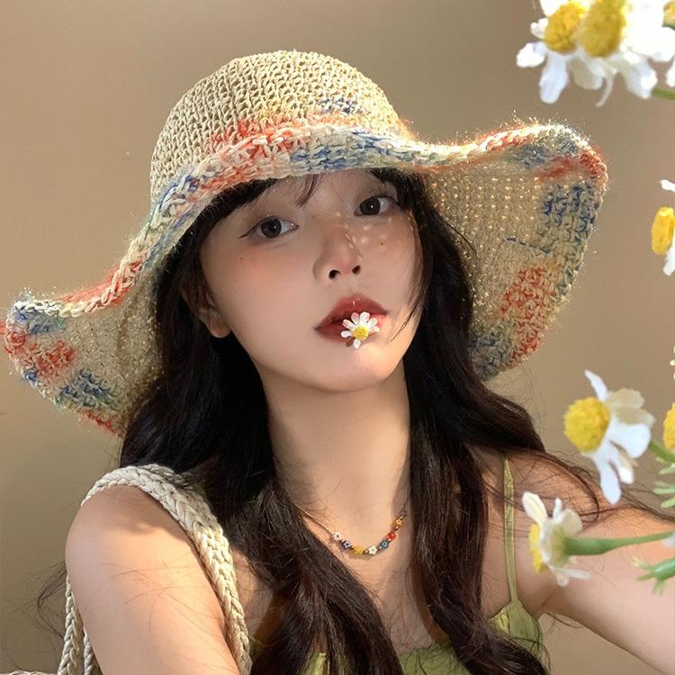 Hand-woven straw hat, color mixed thread, big brim, fashion sunscreen, straw hat, children's vacation style sun hat, summer