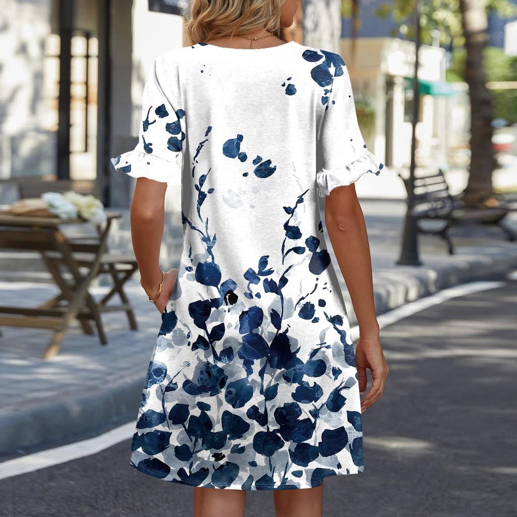 Women A Line Sun Dress Short Sleeve V Neck Printed Dress With Pockets