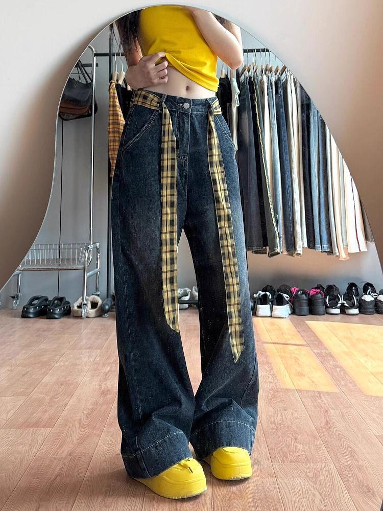 

Женские джинсы с высокой талией в стиле ретро, пэчворк в клетку - Летние свободные прямые брюки с широкими штанинами XXXXL серый/синий