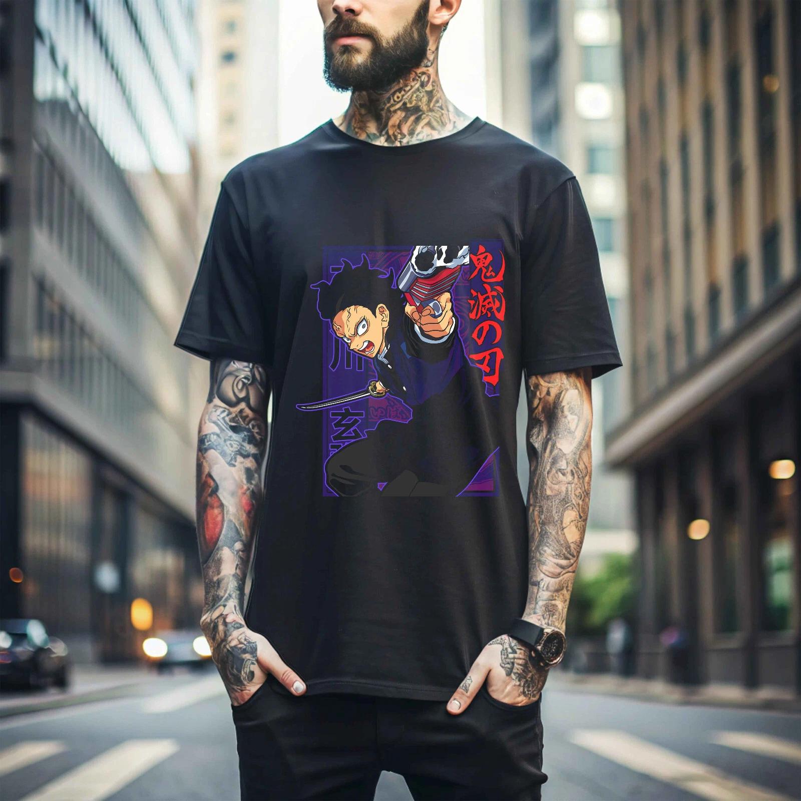 

100% cotton TOPS UNISEX TEES MENS WOMENS Genya Shinazugawa T-Shirt Kimetsu No Yaiba Demon Slayer Tanjiro Tee All Size 109 4XL чёрный