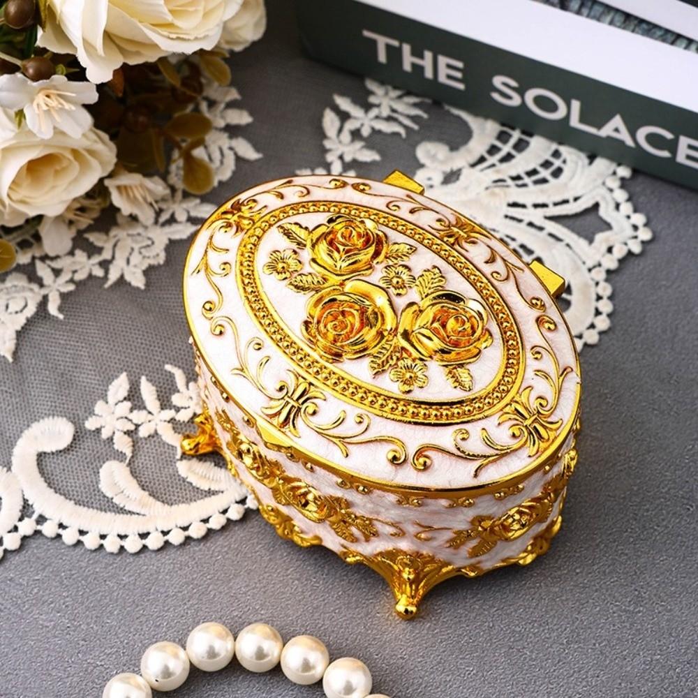 Gift Box European Style Metal Jewelry Box Vintage Oval Rose Enamel Box Zinc Alloy Earring Display Box For Home Wedding