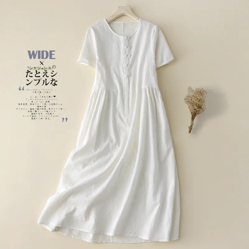 Womens Cotton Linen Dress Short Sleeve Round Neck Midi Dress