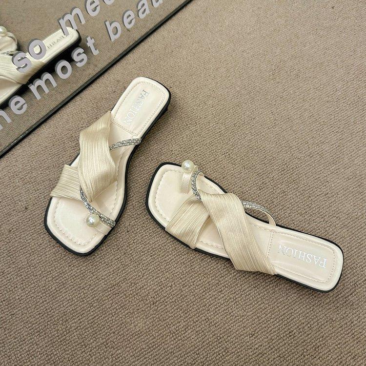 

Босоножки Fairy Wind Toe Pearl, новинка лета 2025 года, однотонные босоножки со стразами снаружи, тапочки на низком каблуке 38