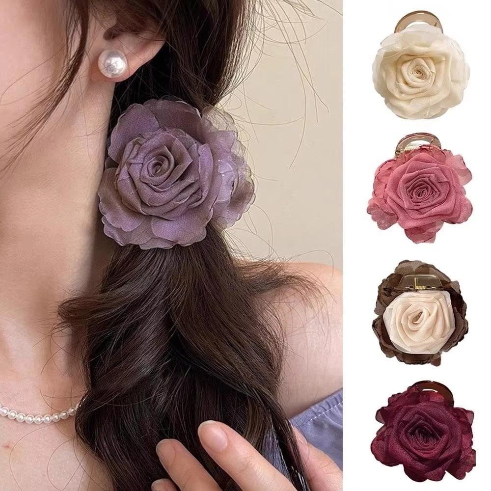 Elegant Rose Flower Hair Clip Mesh Half-Up Hair Claw Hair Accessories Double-Sided Floral Hairpin