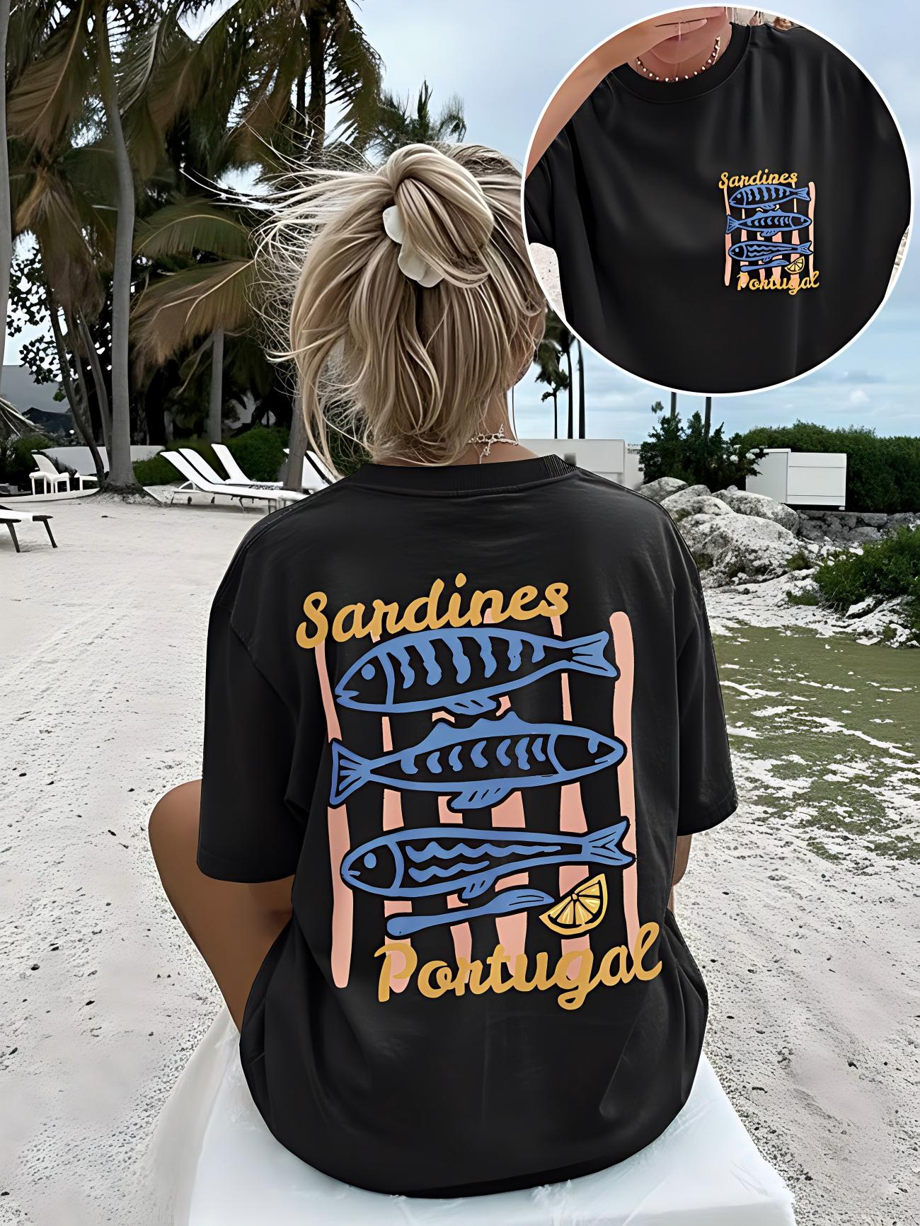 Vintage Portugal Sardinen T-Shirt Damen Ästhetisch Meeresfisch Grafik Tee Sommer Mode Lässig Kurzarm Harajuku Stil Oberteil Tee 2XL schwarz