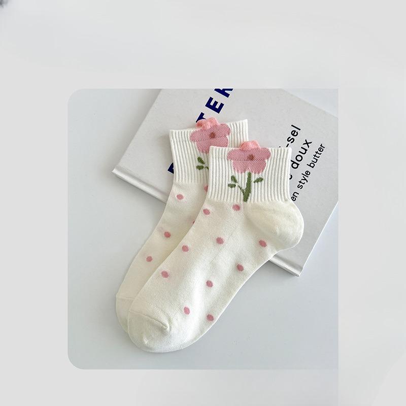 Women's Summer Lightweight Short Socks with Bows All Over, Featuring Flowers, Cute and Versatile, with Mesh Ventilation and Cotton Material.