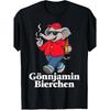 Herren schwarzes Kurzarm-Rundhals-T-Shirt mit coolem Cartoon-Elefanten in roter Kappe, der raucht und ein Bier hält, fetter weißer Text "Gönnjamin Bierchen", weich
