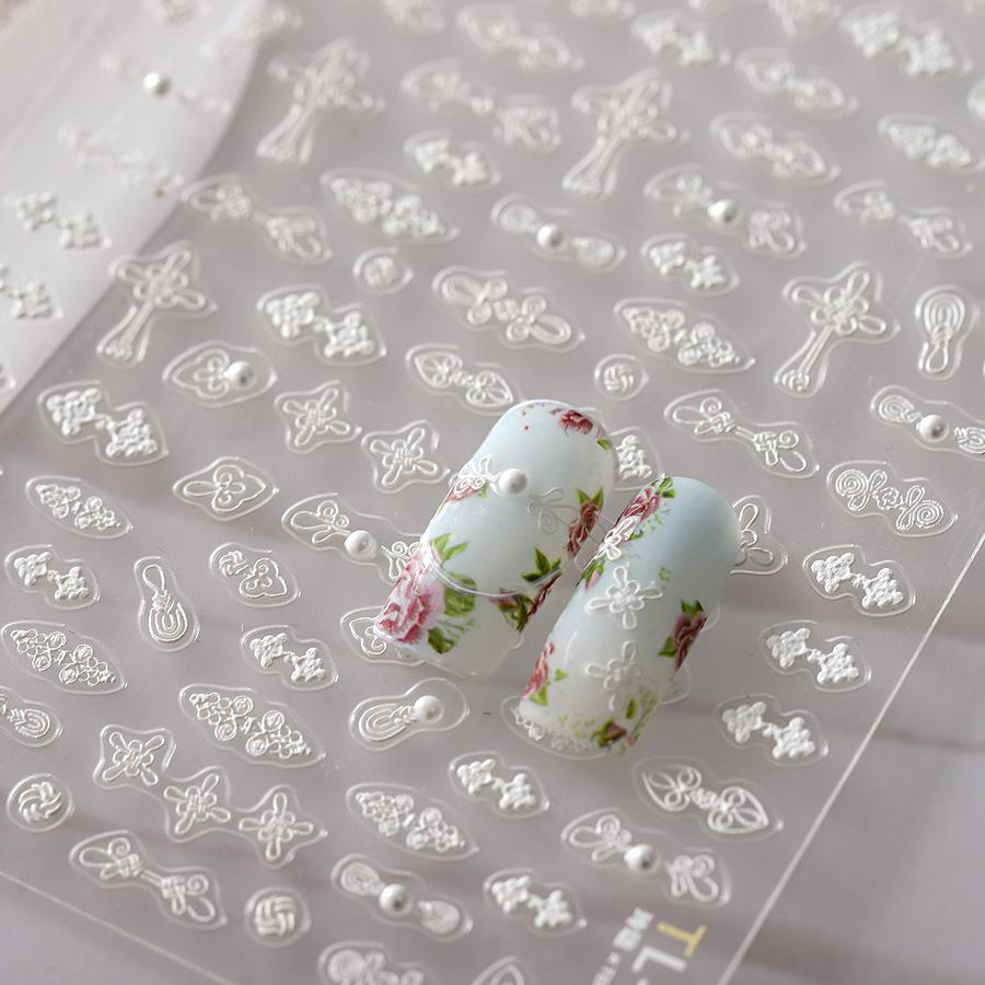 1pcs 5D Diamond White Lace Bow Nail Art Stickers Pearl Rhinestones Nail Decoration Adhesive Decals Slider DIY Accessory