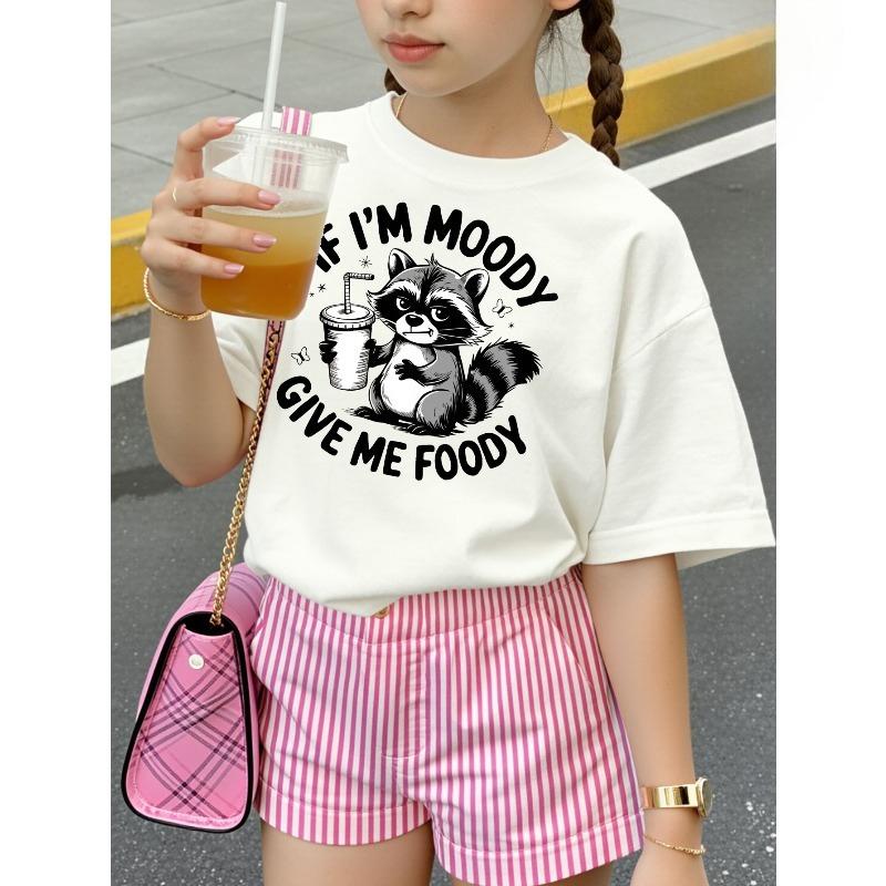 European sizes New Summer Girl Kid Raccoon Holding Drink with Text Short Sleeved T-Shirt Comfy Casual Cute Kids Clothes for Girls for Gift 110 белый